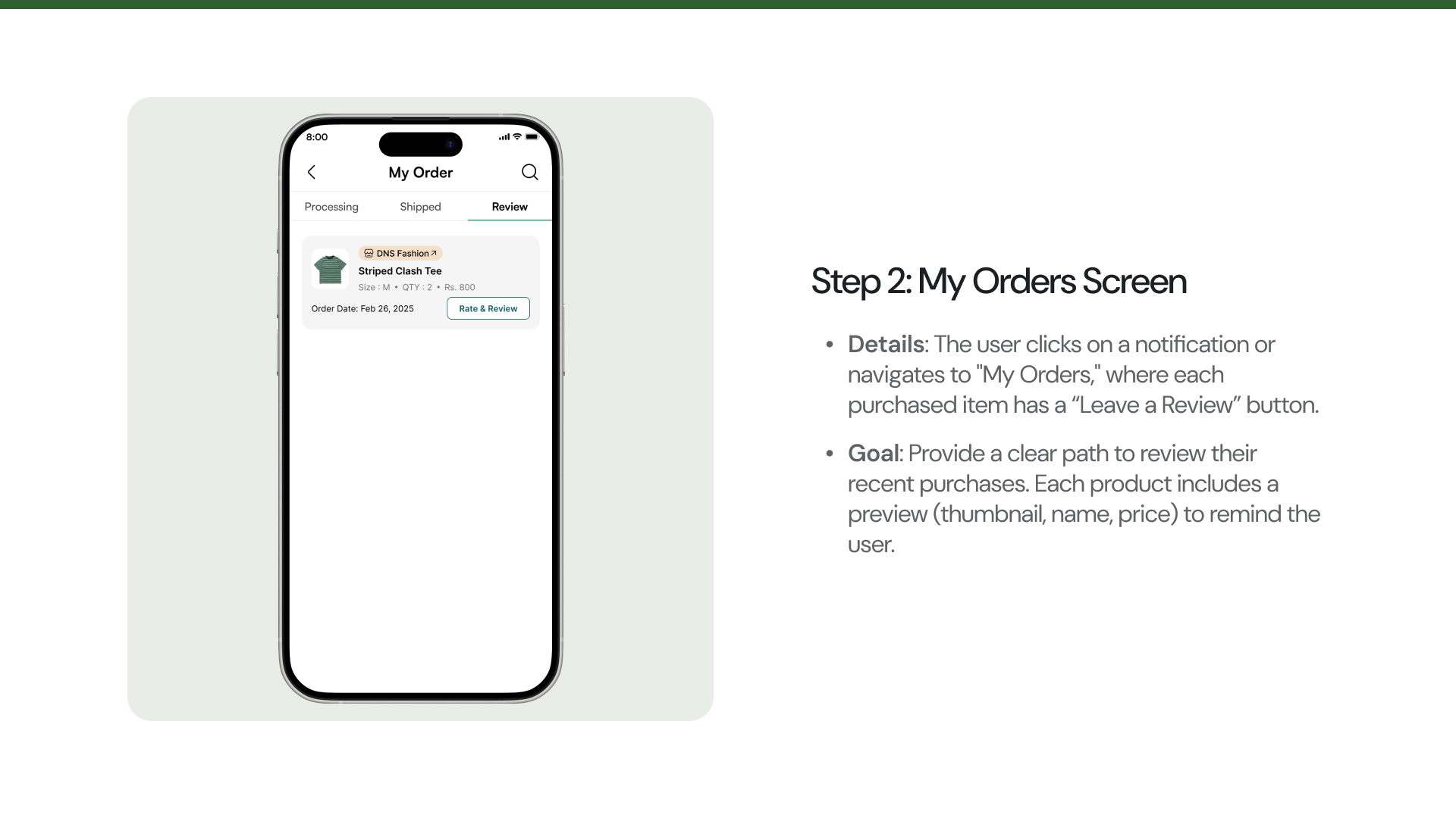 Step two: the My Orders screen with a Review tab, showing the purchased item with a Rate & Review button.