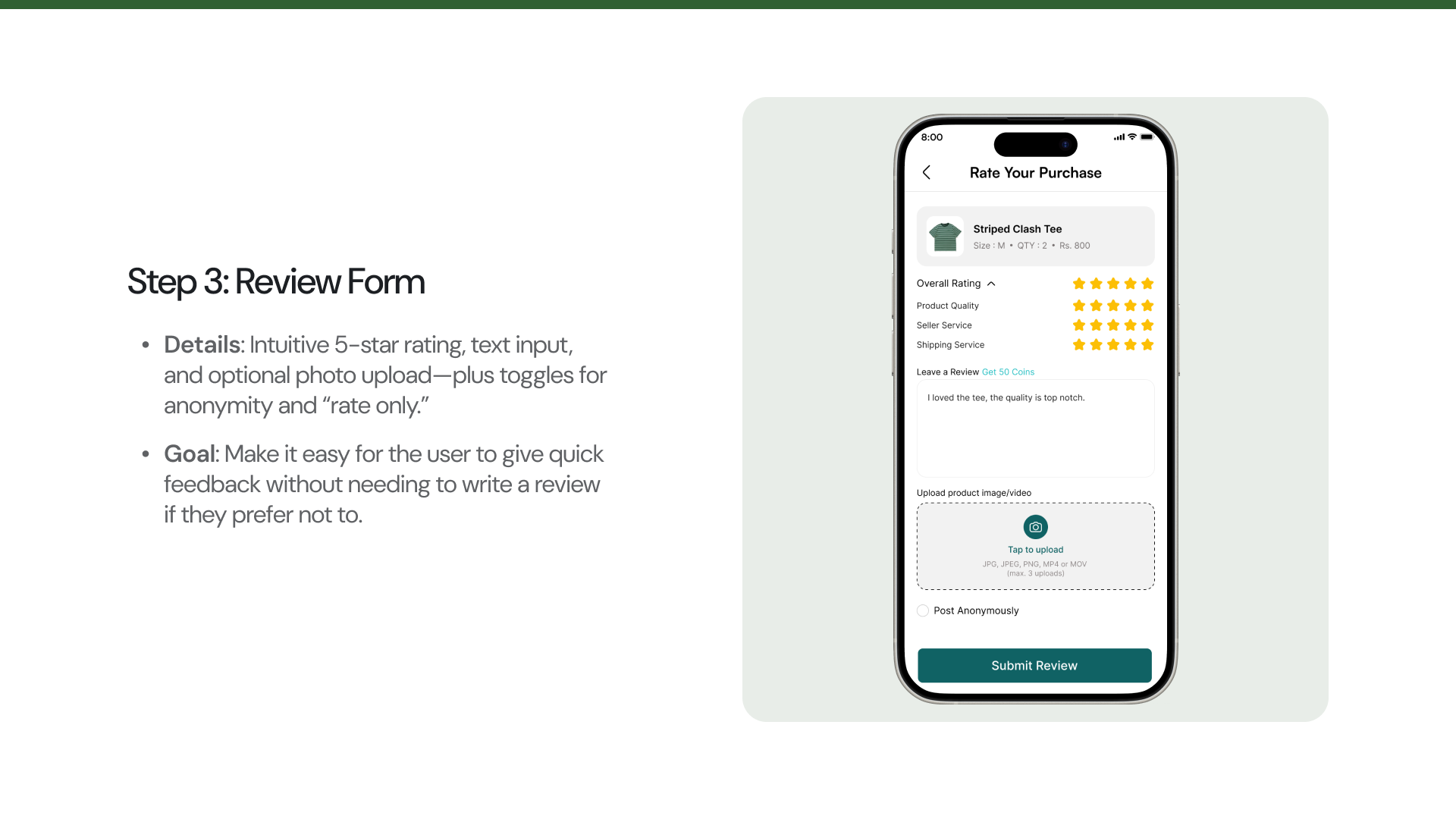 Step three: the review form with a star rating that expands into product quality, seller service and shipping service, a text field, photo upload, and a toggle for posting anonymously.