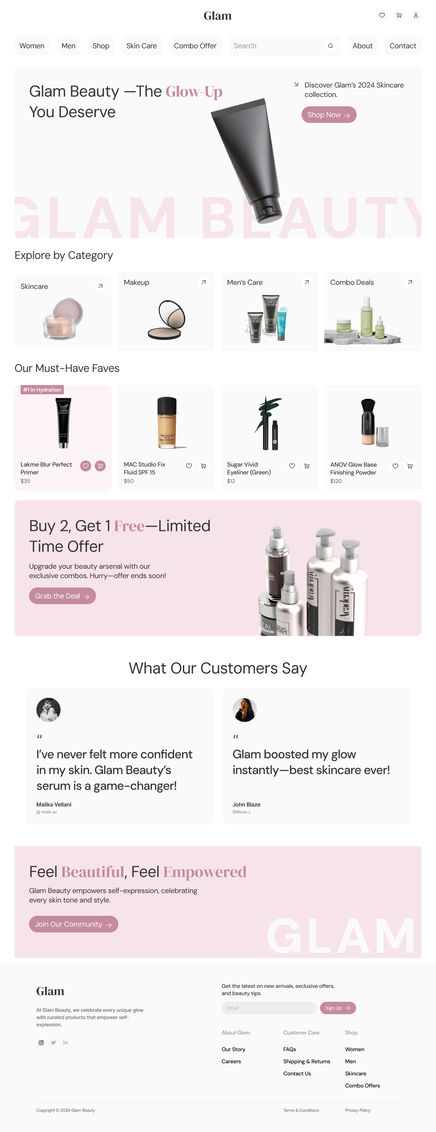 The full Glam landing page: navigation, hero, Explore by Category, Our Must-Have Faves, a buy-two-get-one offer, customer testimonials, a community call to action and the footer.