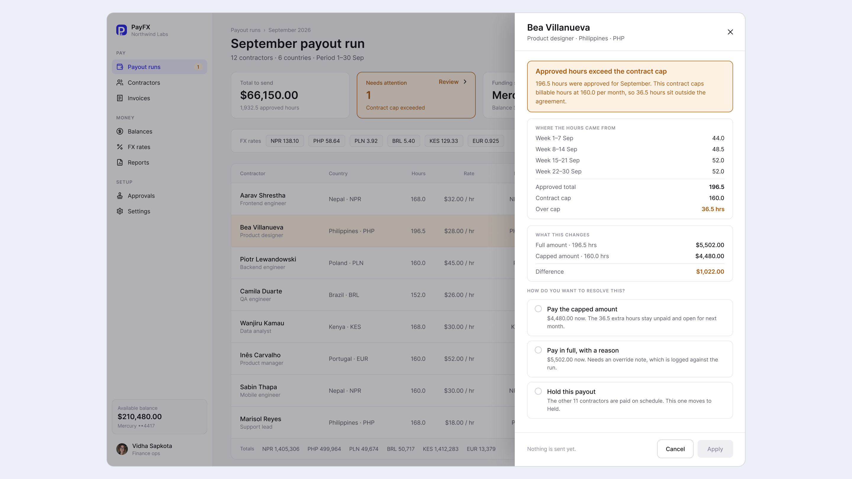 The exception panel for Bea Villanueva: where the hours came from week by week, the difference between the full and capped amounts, and three ways to resolve it.