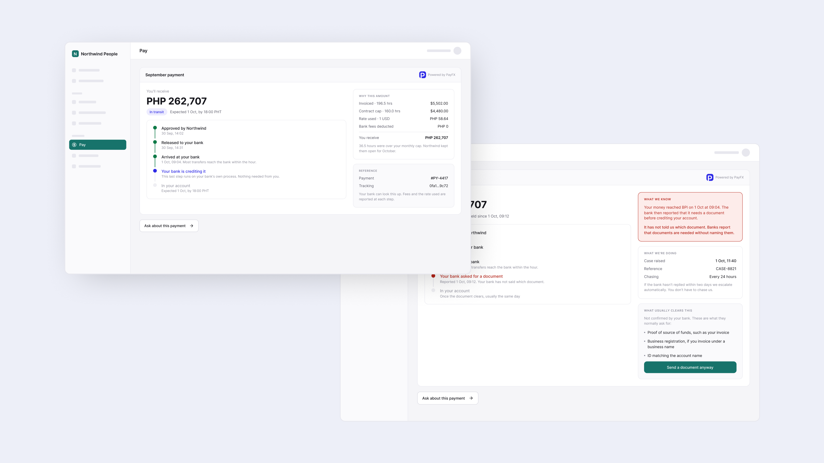 The PayFX Pay module embedded in a host HRIS drawn as a wireframe, showing the payment timeline and the held state separating what is known from what is not.