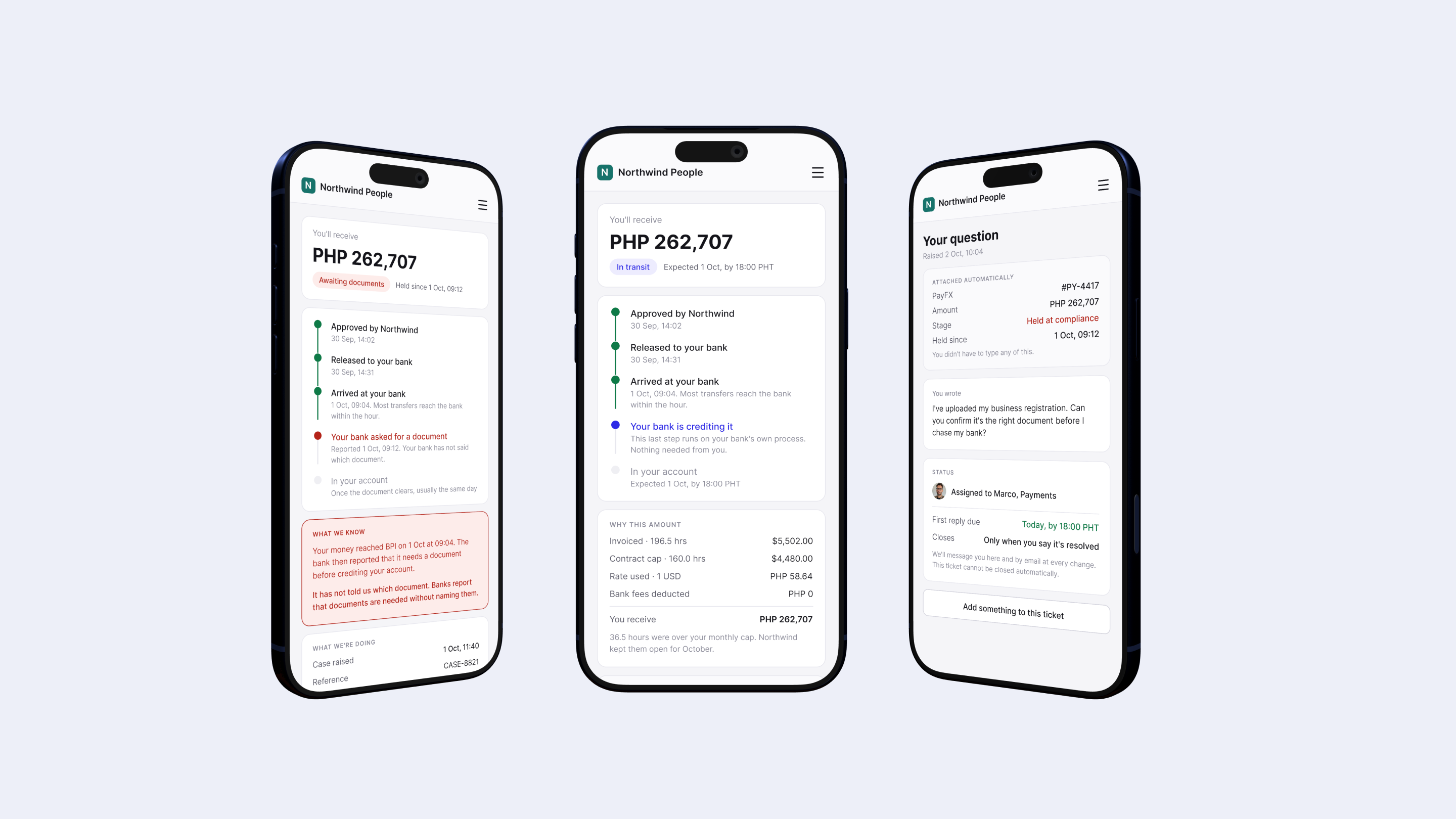 The same payment status view on mobile: the held state, the in-transit state, and a support ticket with the payment details attached automatically.