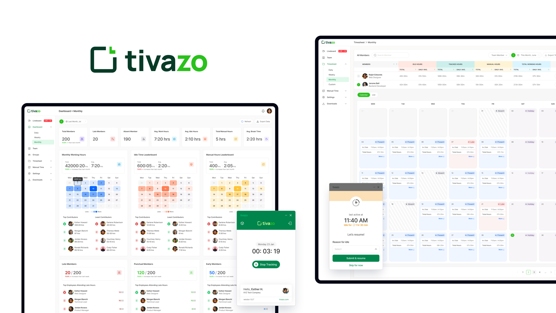 Tivazo: the brand mark alongside the monthly dashboard, the monthly timesheet calendar, and the desktop timer with its idle-time prompt.